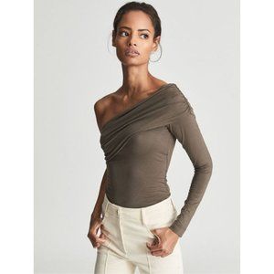 Reiss Hayley Jersey Asymmetric One Shoulder Top Mocha Size Large